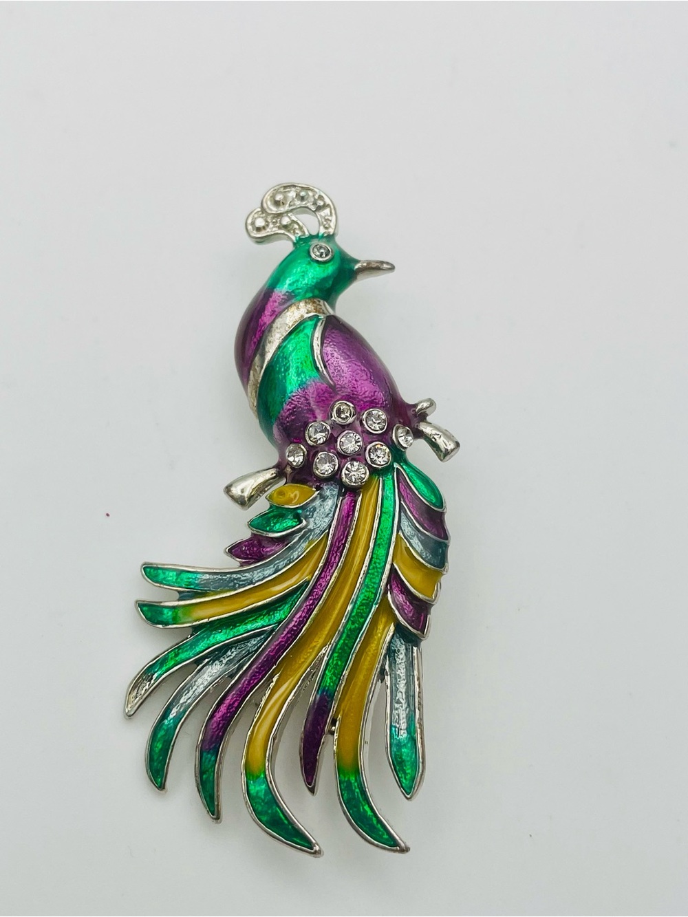 Colorful Peacock Bird Brooch Pin - Green Purple Yellow Enamel & Clearcve